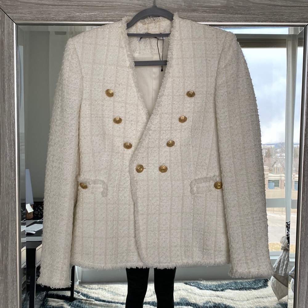Zara Tweed White Blazer Gold Buttons